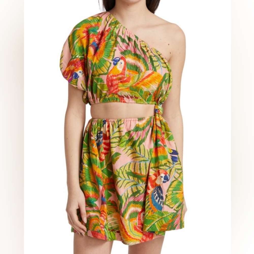 FARM Rio Tropical Parrot One-Shoulder Mini Dress